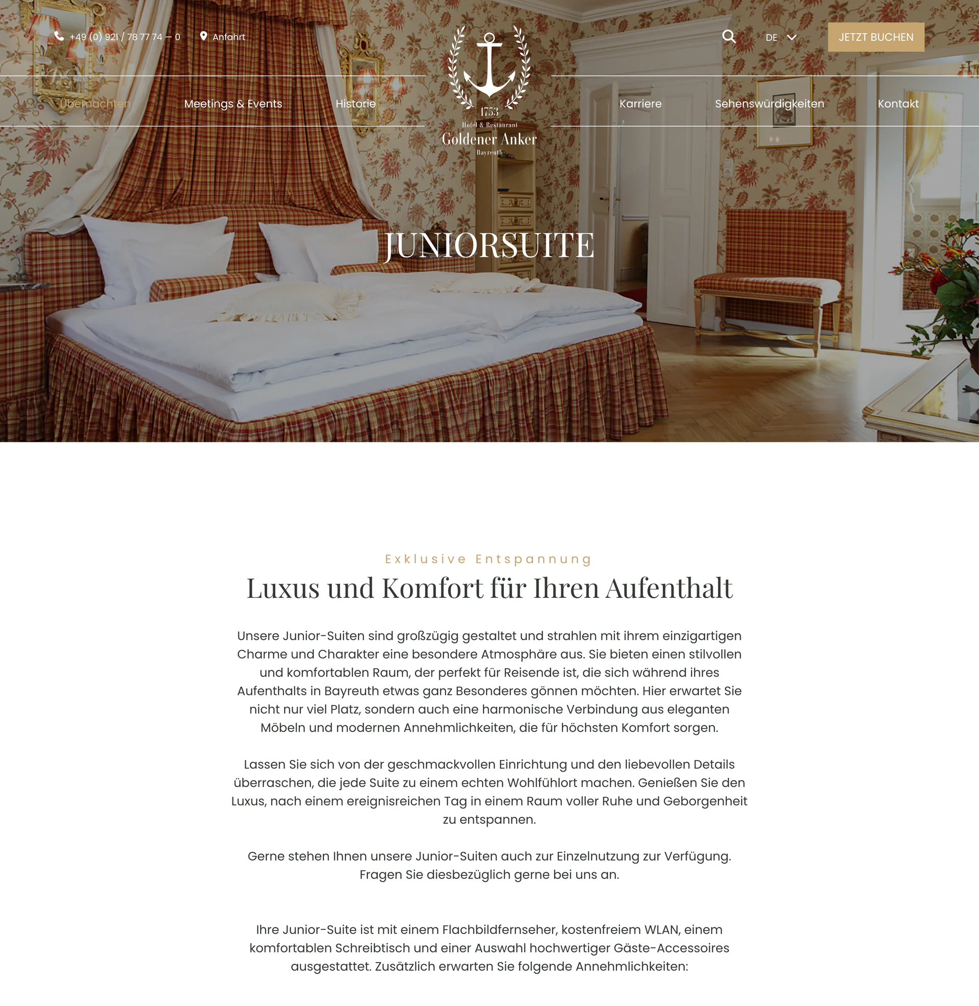 Detailseite der Juniorsuite im Goldenen Anker Bayreuth mit Zimmerfoto und Beschreibung
