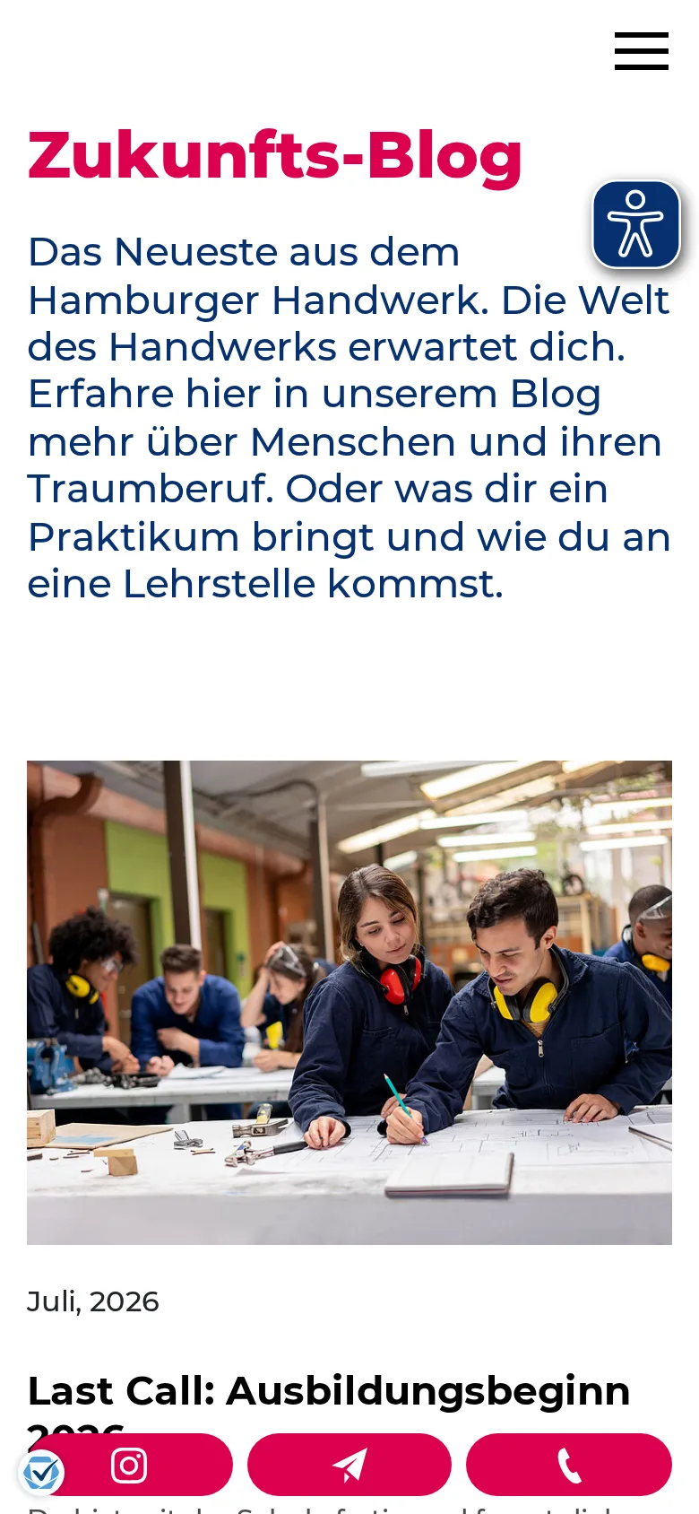 Mobile Übersicht des Zukunfts-Blogs auf ausbildung-hamburg.de