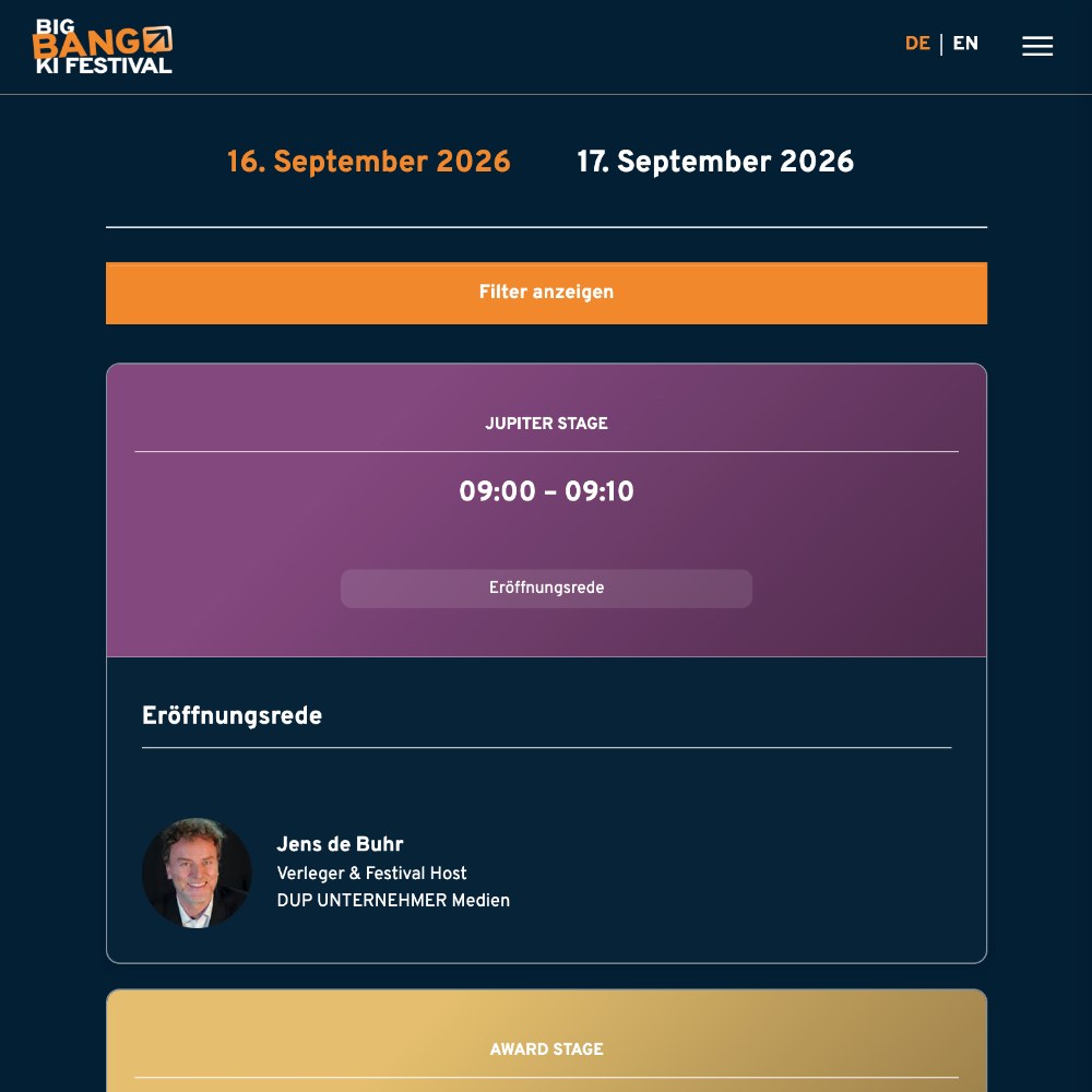Big Bang KI Festival: Programmliste mit Tagesauswahl, Filter und den einzelnen Bühnen