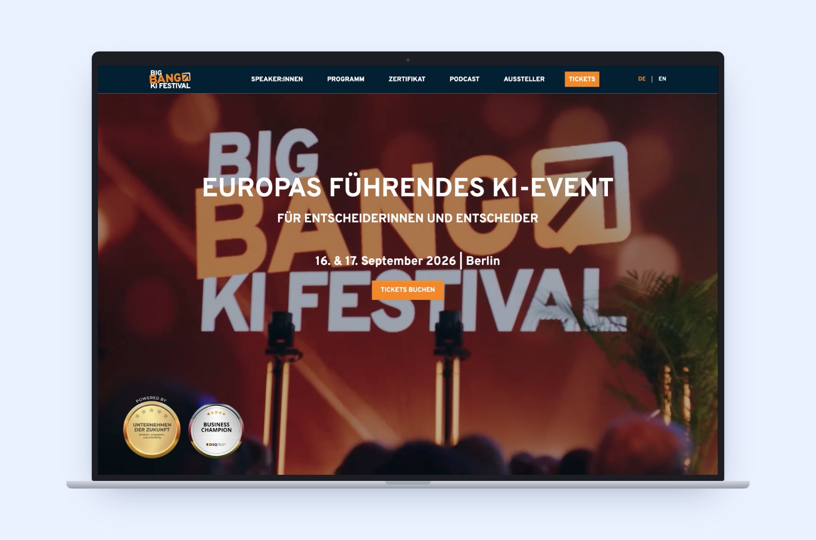 Big Bang KI Festival: Startseite auf einem Laptop