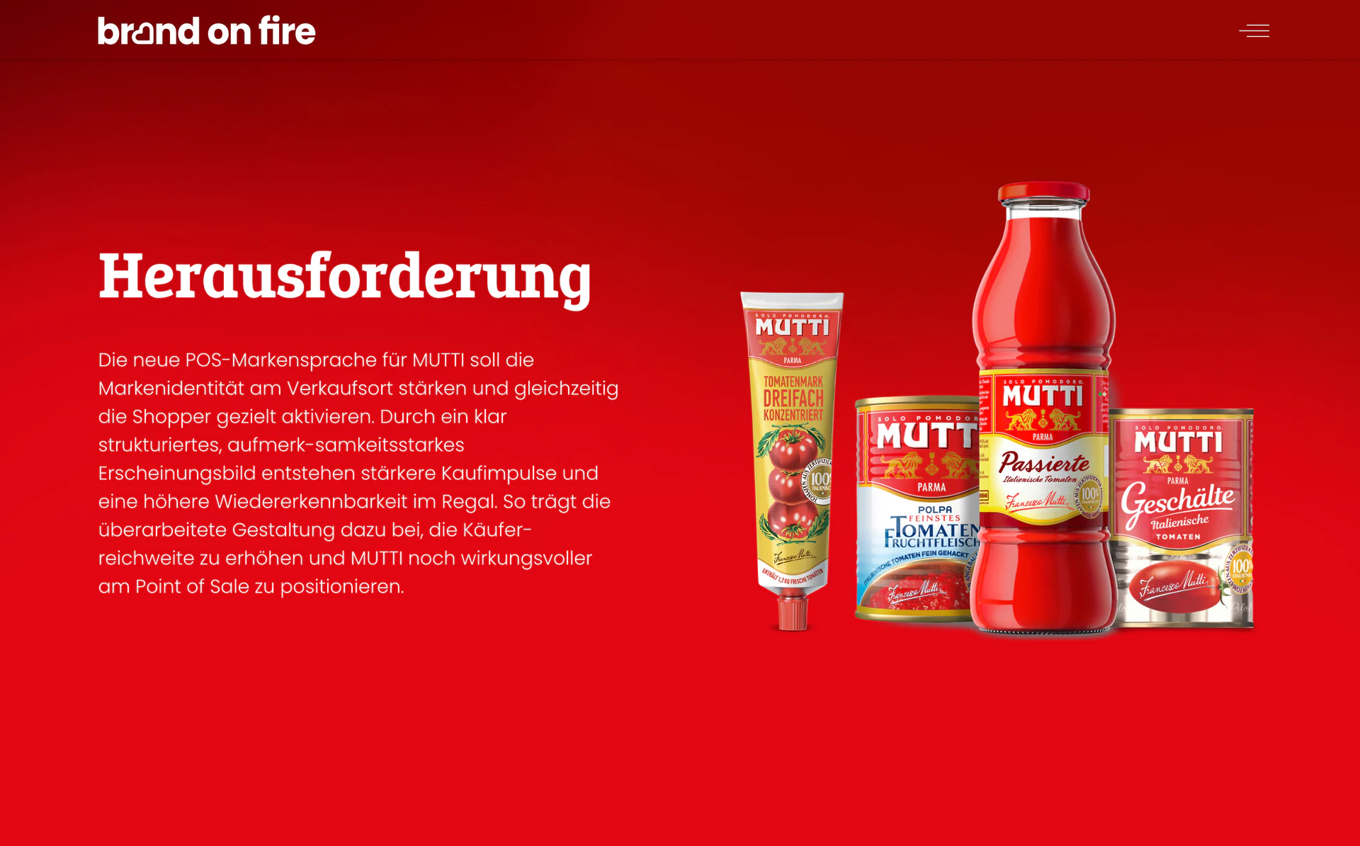 Referenzdetail auf der Website von brand on fire mit Mutti-Produkten und Beschreibung der Aufgabe