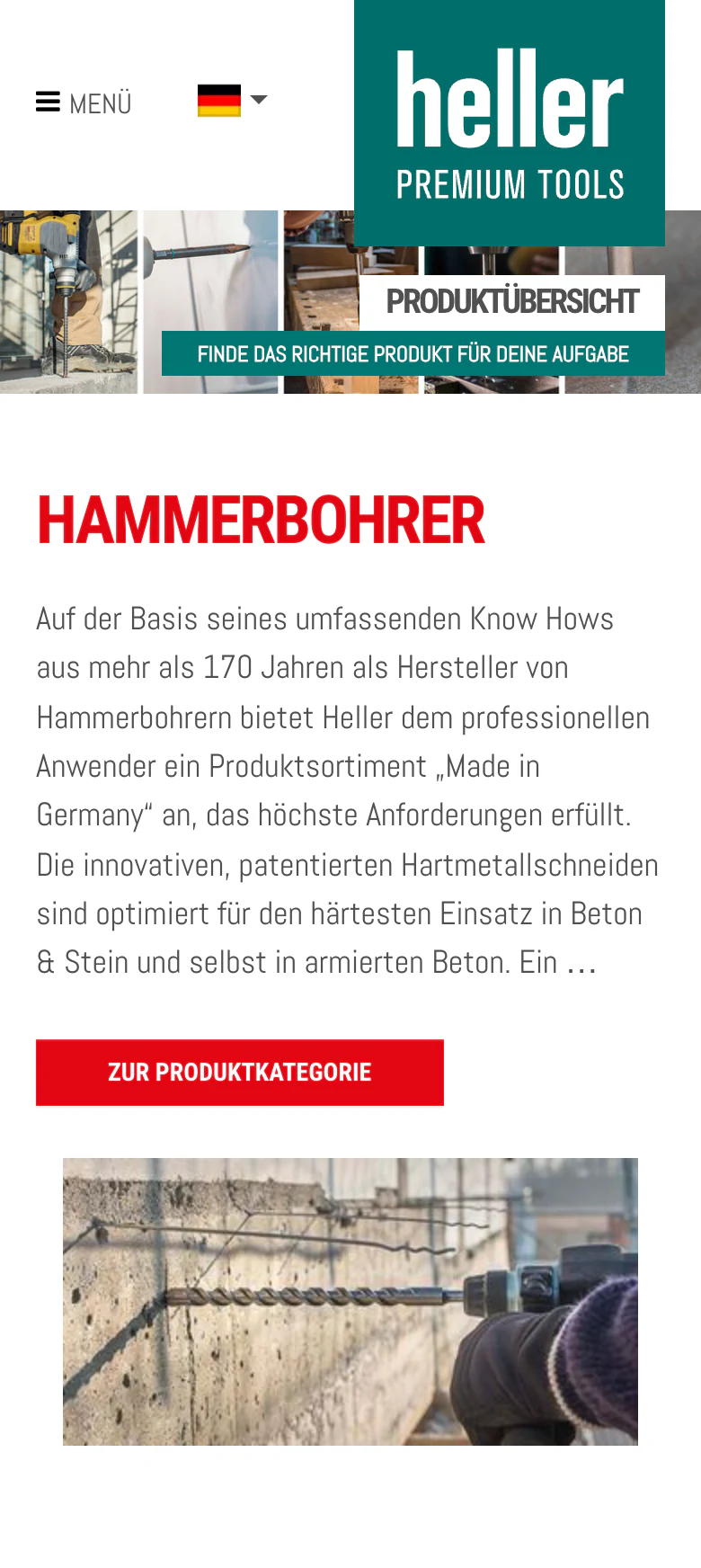 Mobile Produktübersicht von Heller Tools mit der Kategorie Hammerbohrer