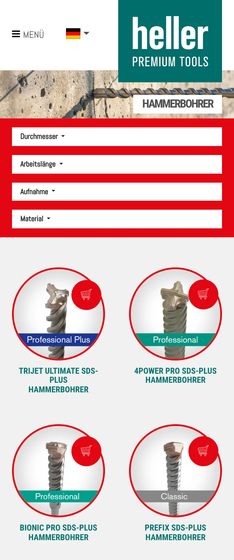 Mobile Hammerbohrer-Kategorie von Heller Tools mit Filtern und vier Hammerbohrern mit Produktnamen
