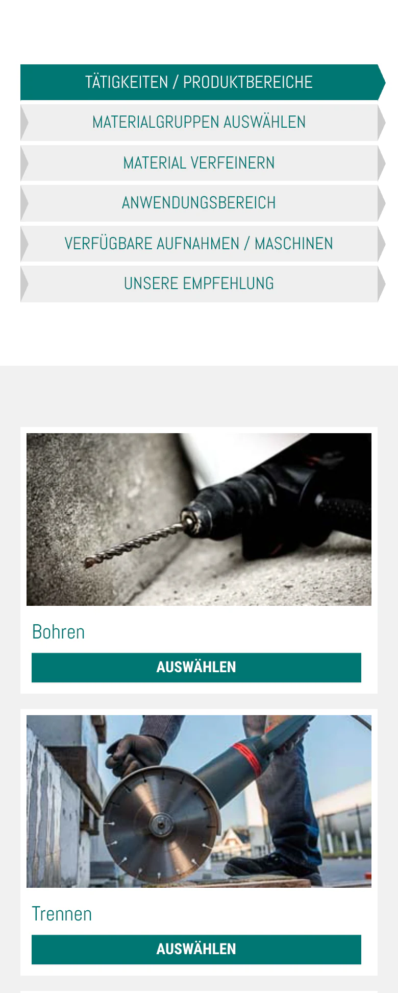 Mobiler Produktberater von Heller Tools mit den Auswahlschritten und den Karten Bohren und Trennen