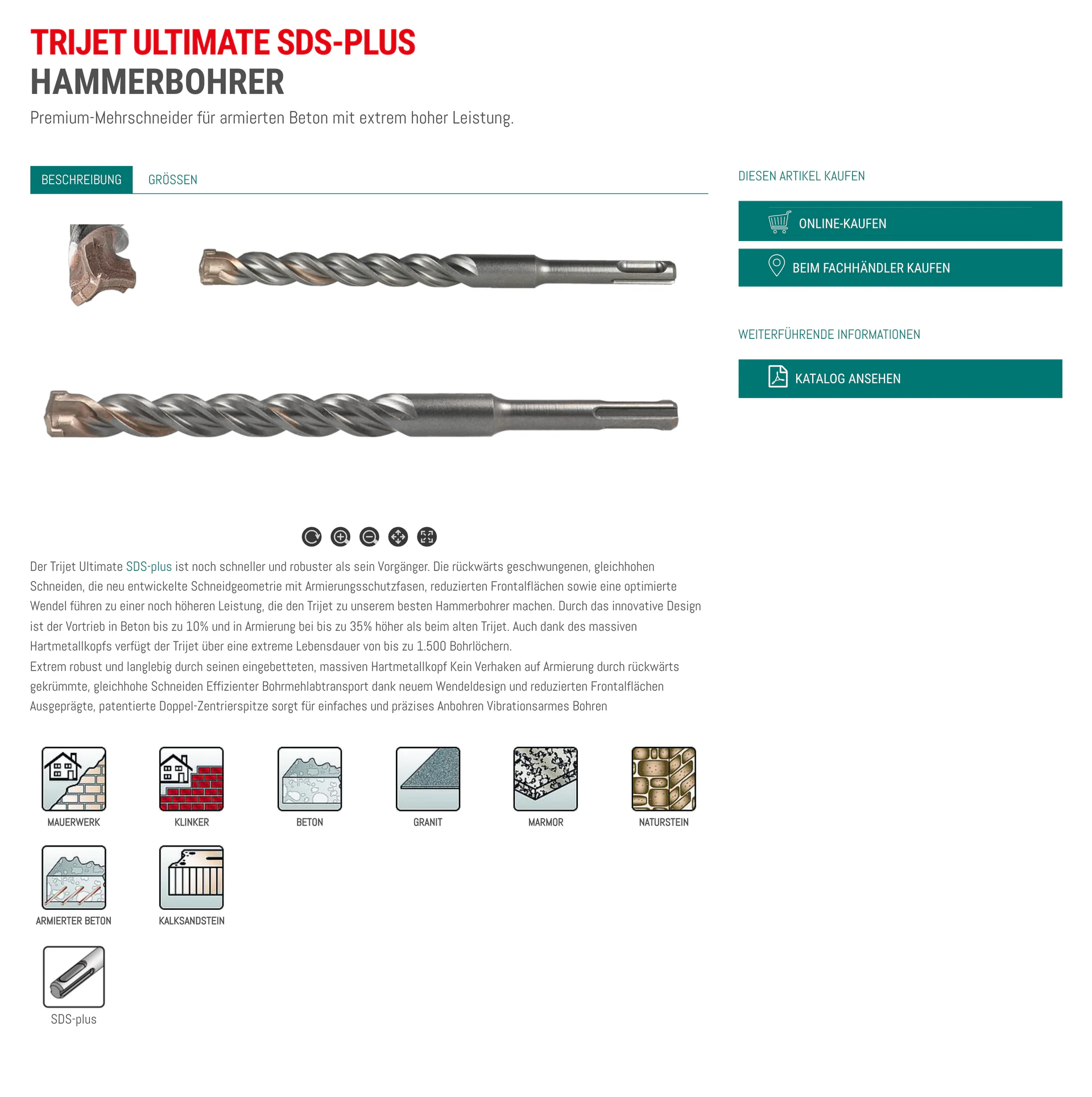 Produktdetailseite des Trijet Ultimate SDS-plus Hammerbohrers von Heller Tools