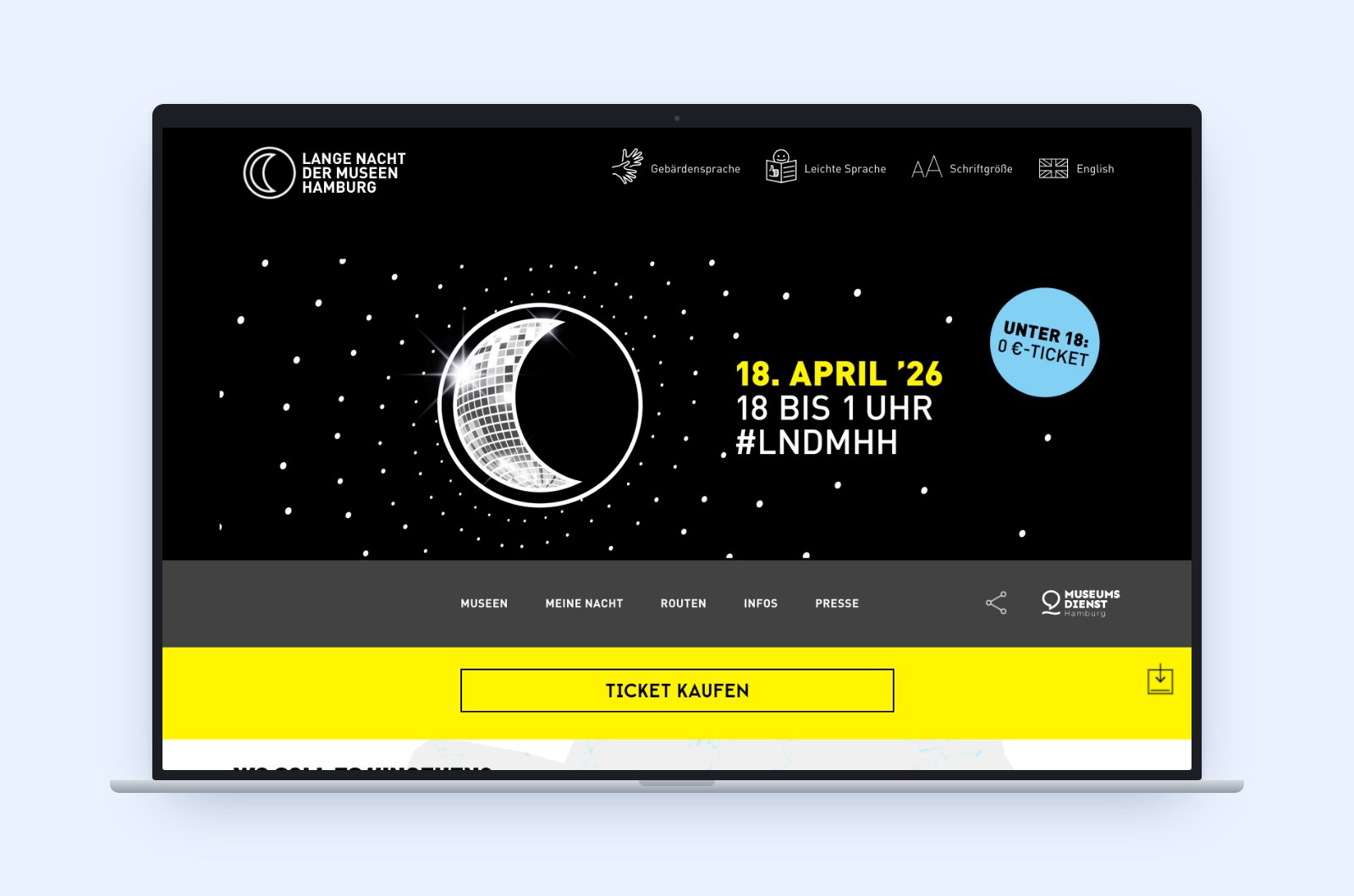 Lange Nacht der Museen: Startseite auf einem Laptop