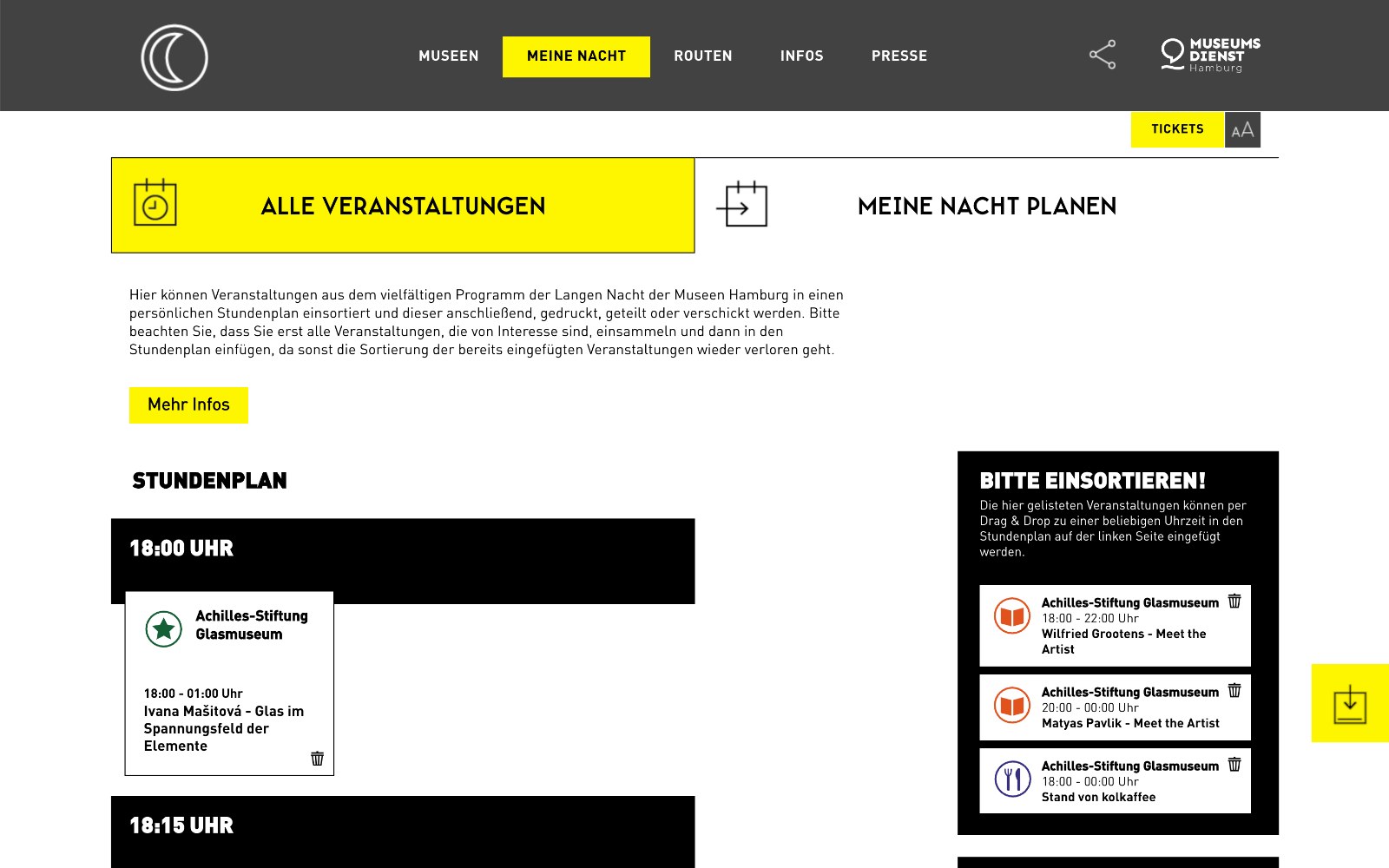 Lange Nacht der Museen: persönlicher Stundenplan, in den Veranstaltungen per Drag-and-drop einsortiert werden