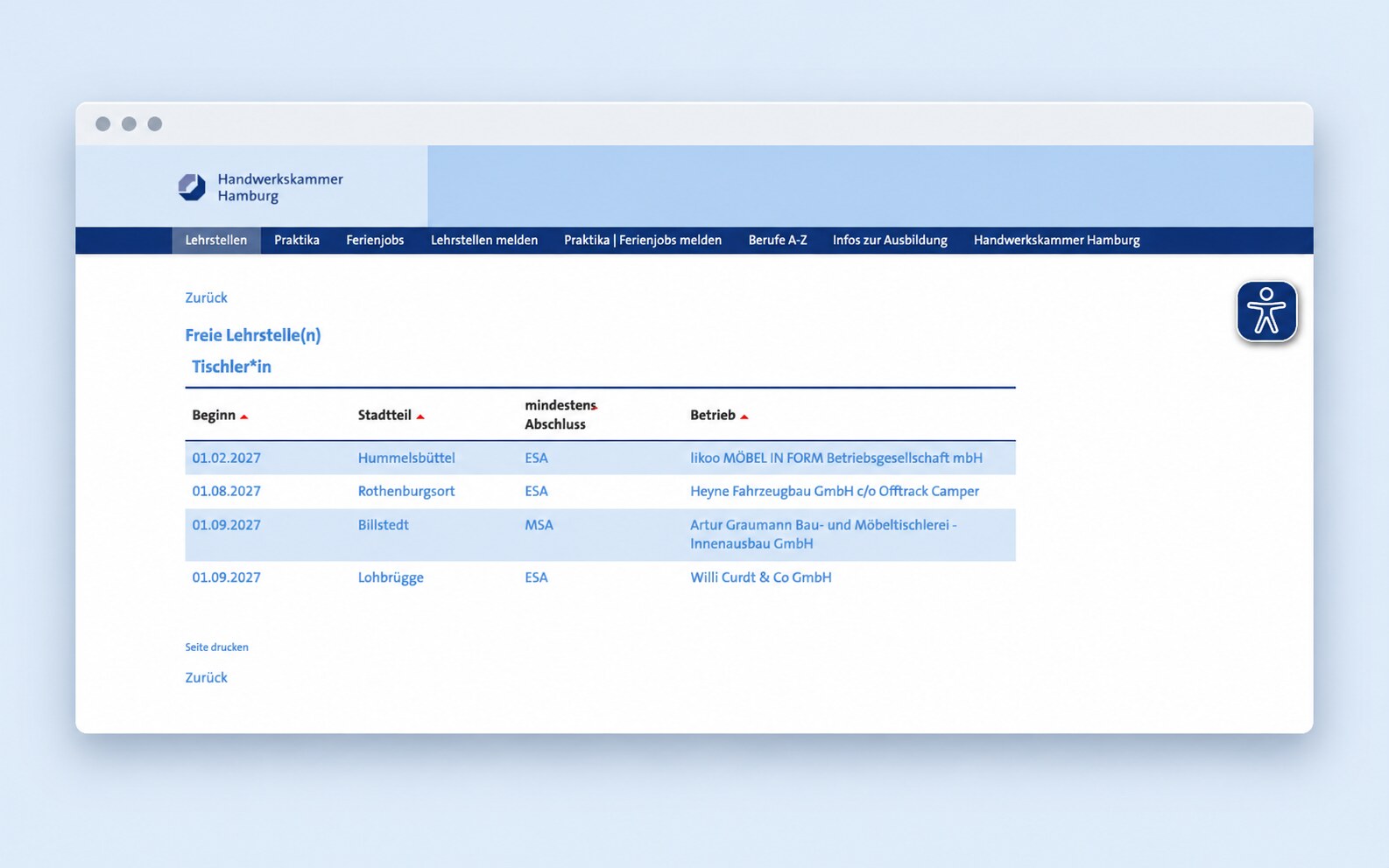 Result list of the apprenticeship job board for the apprenticeship occupation carpenter, prepared as a browser view.