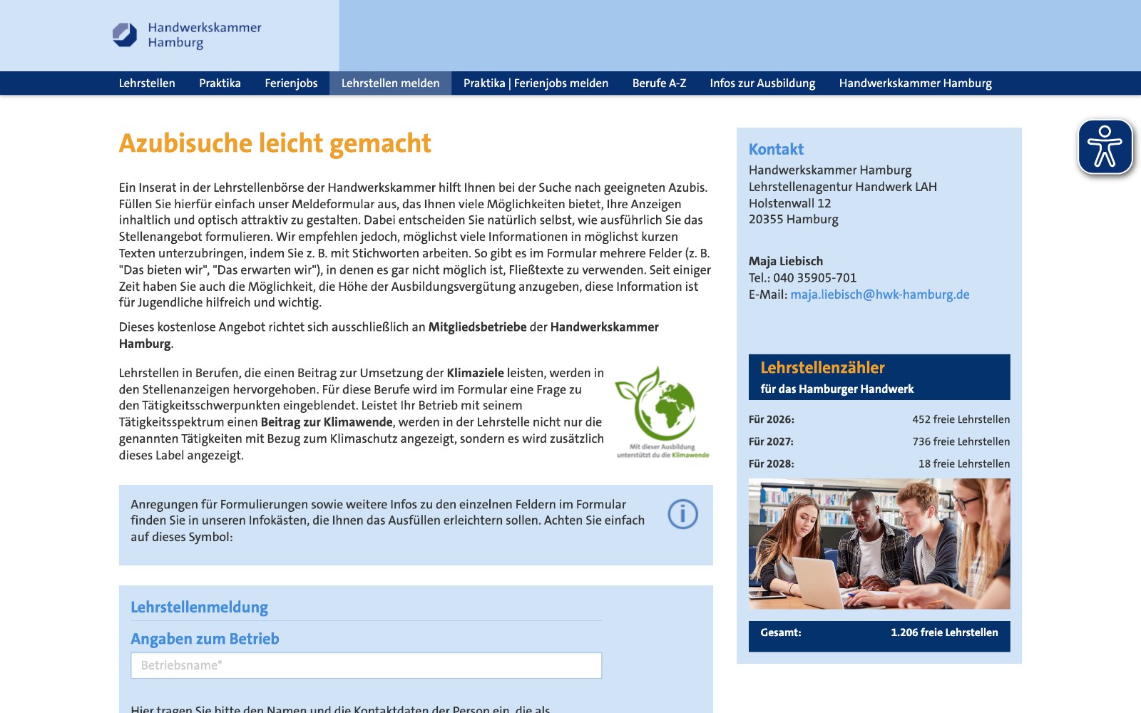 Lehrstellenbörse: Seite zum Melden einer Lehrstelle mit Formular und Lehrstellenzähler
