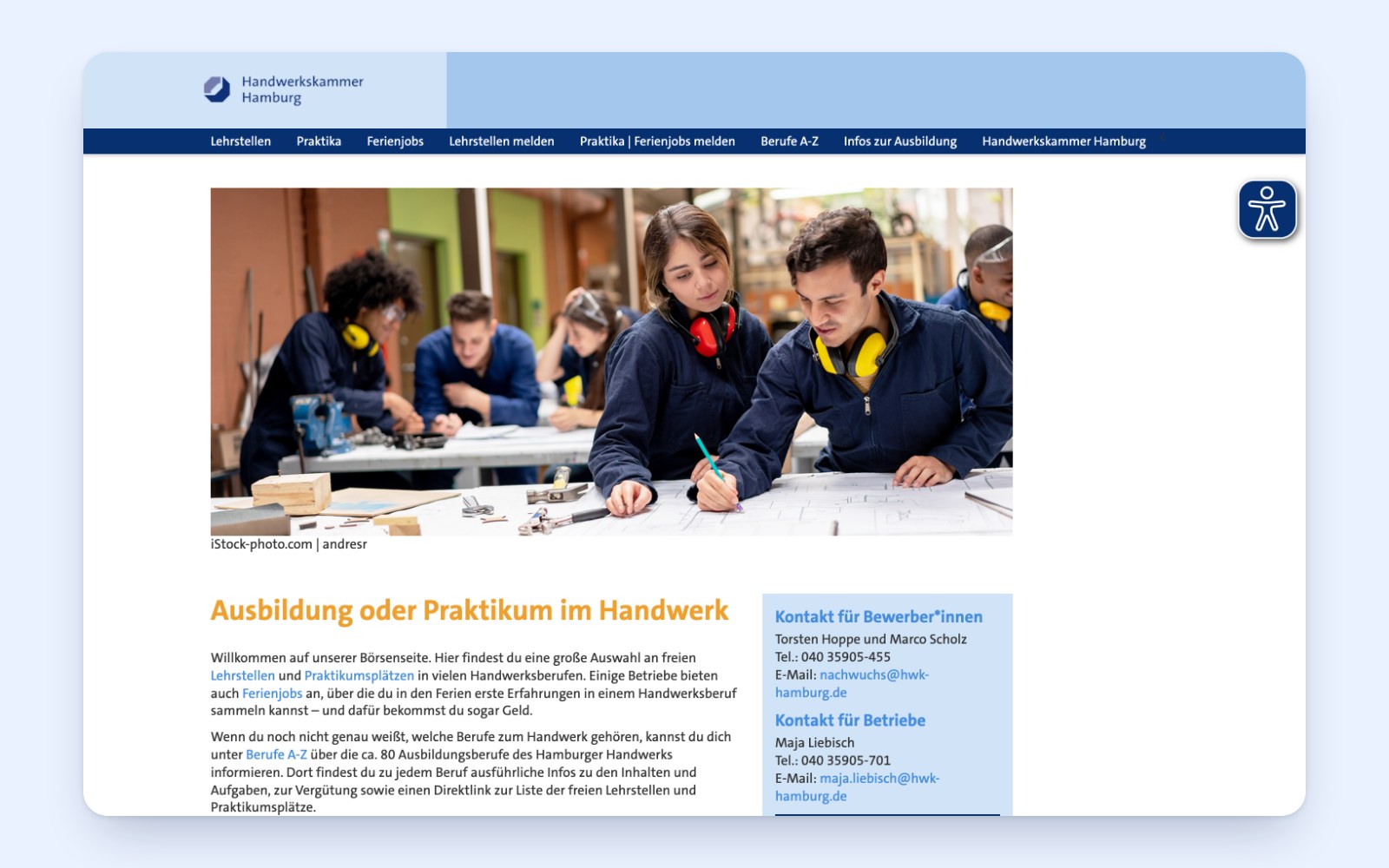 Lehrstellenbörse: Startseite mit Bühnenbild und Einstieg in Ausbildung und Praktikum