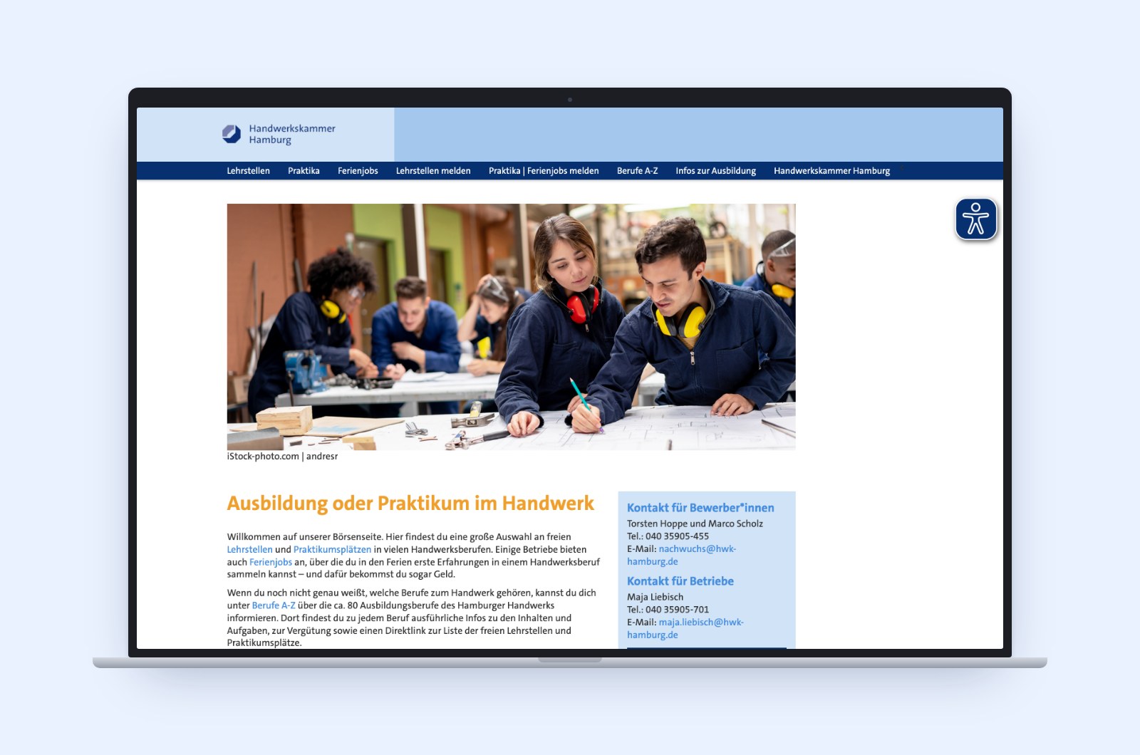 Lehrstellenbörse: Startseite auf einem Laptop