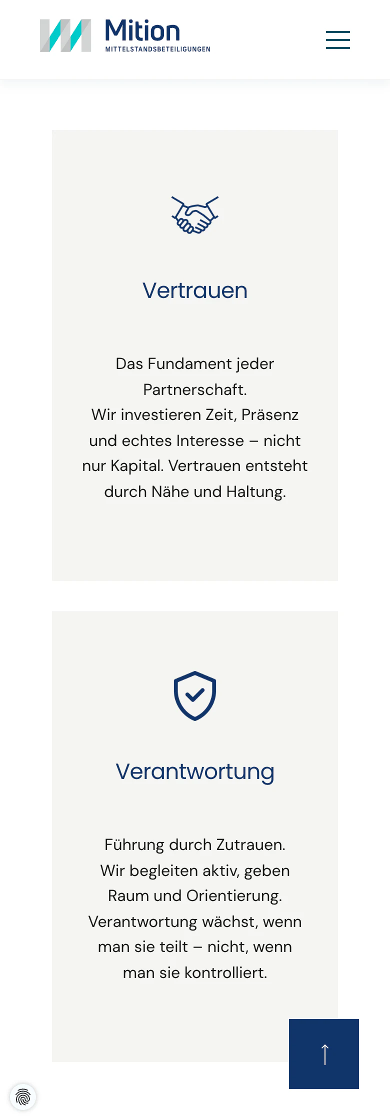 Mobile Werte-Seite von Mition mit Kopfbereich und der Kachel Vertrauen