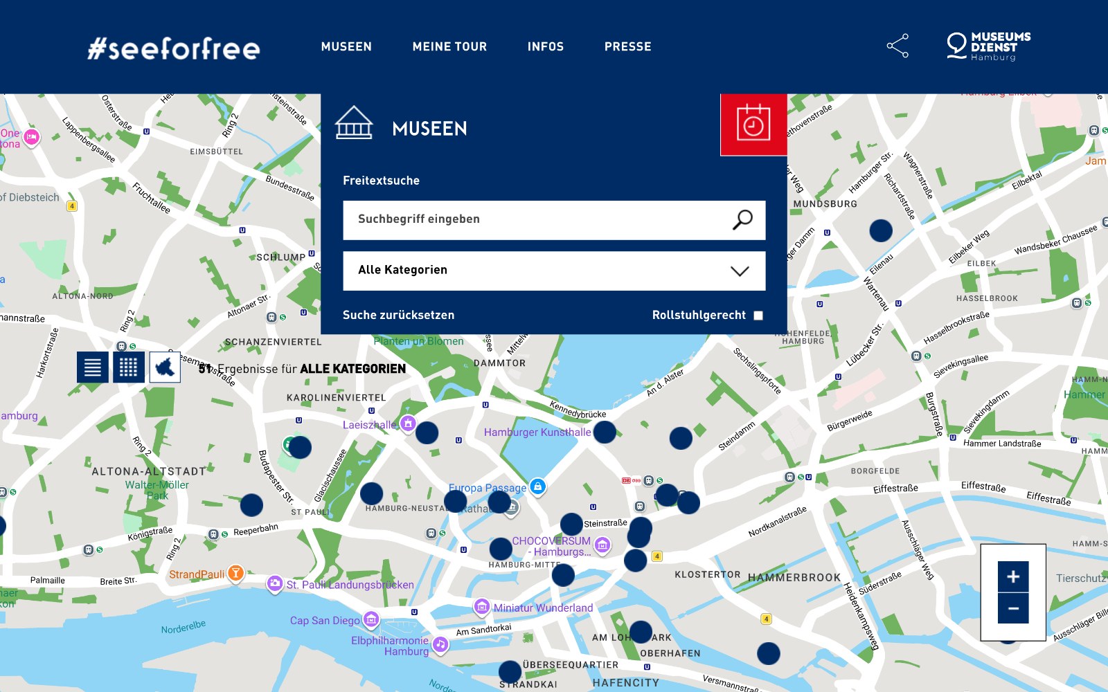 seeforfree: Karte der teilnehmenden Museen