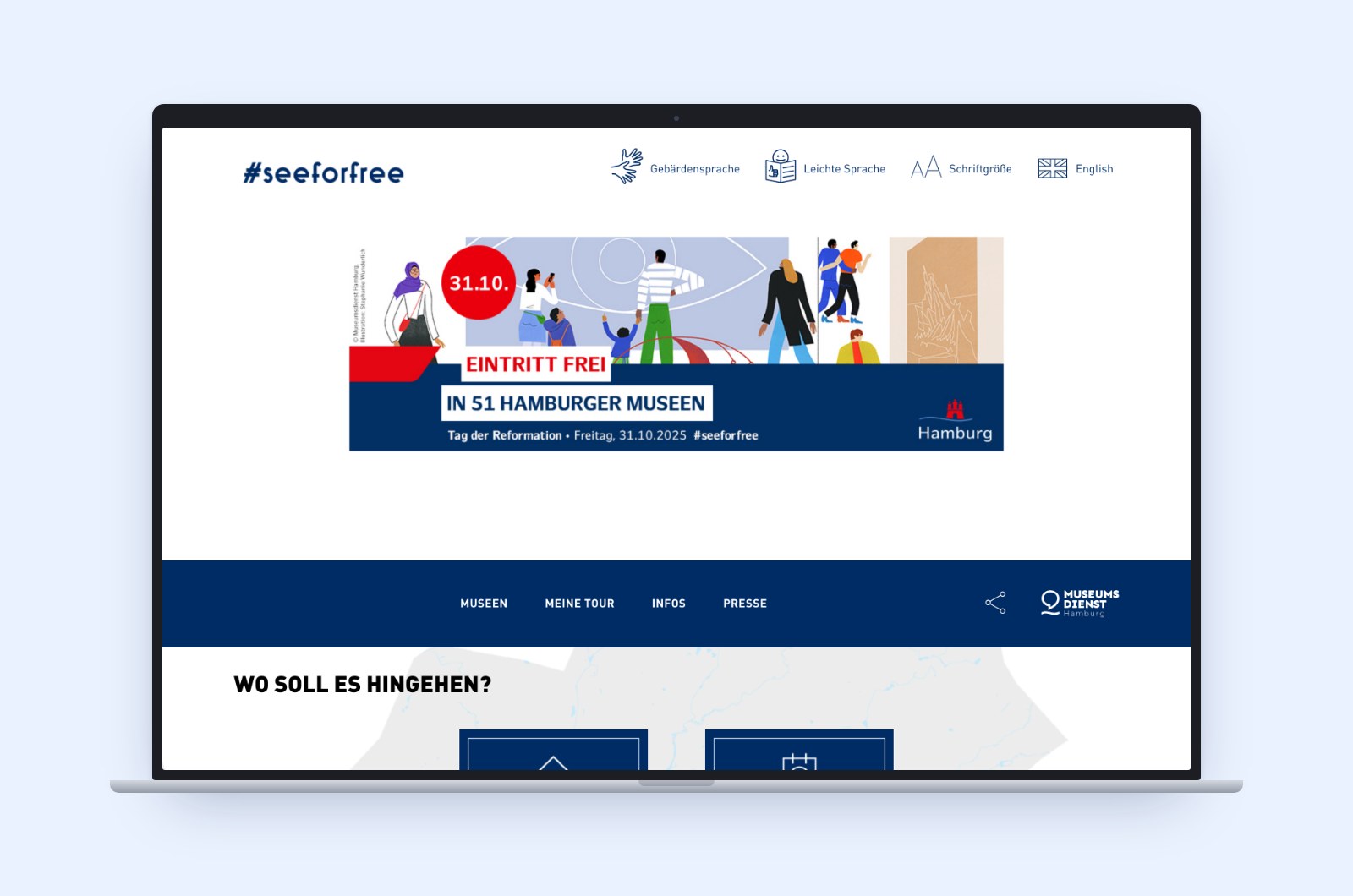 seeforfree: Startseite auf einem Laptop