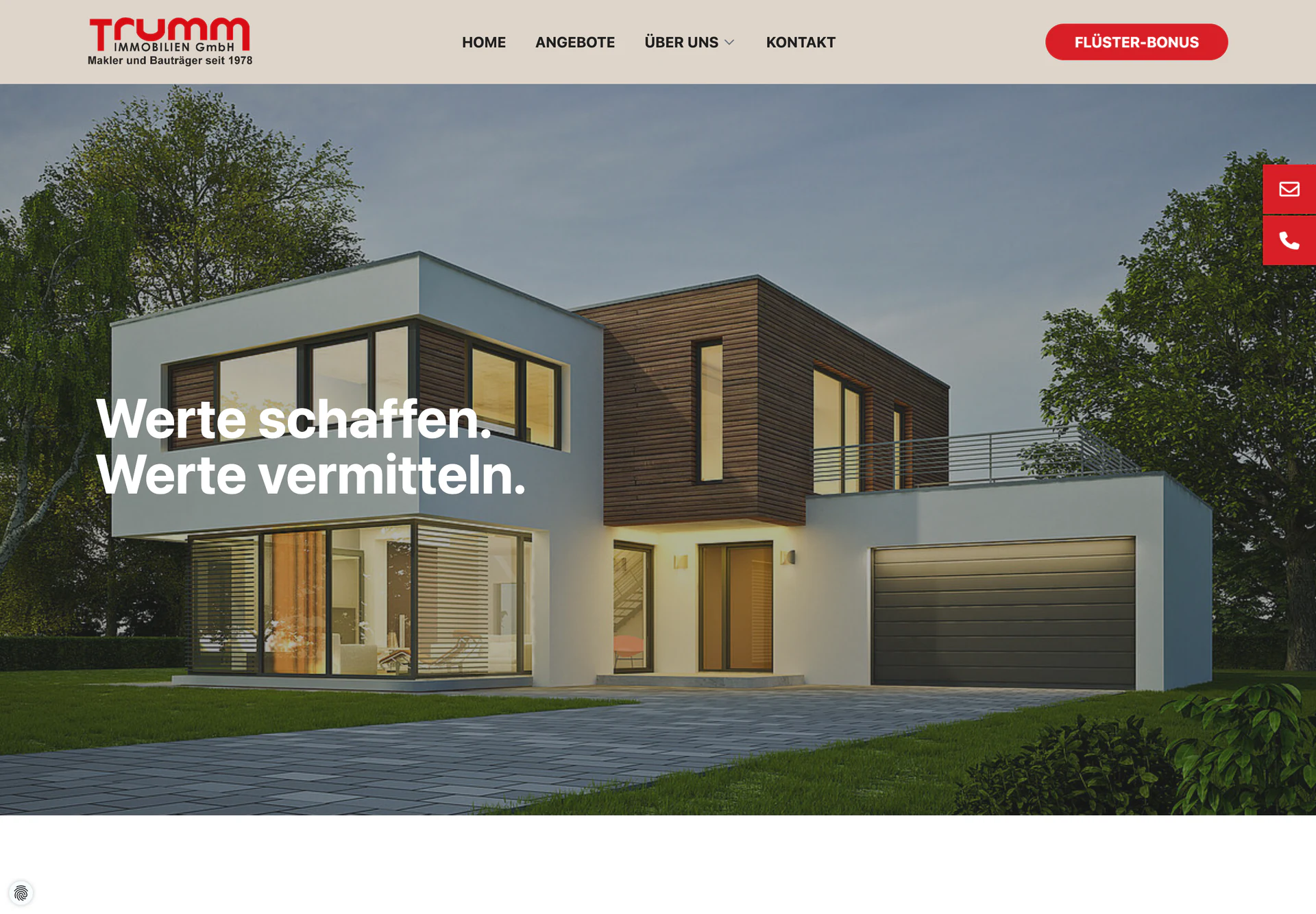 Trumm Immobilien: Startseite mit Navigation und großem Immobilienmotiv