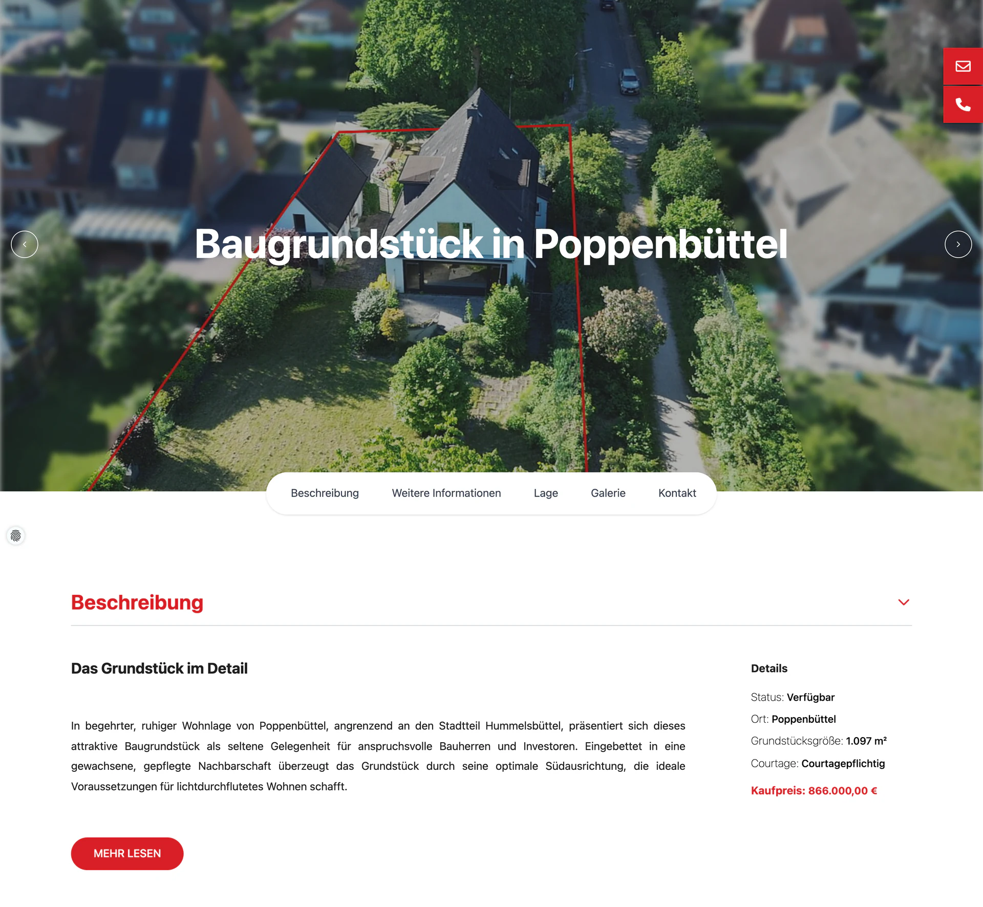 Grundstücks-Exposé mit Foto, Bereichsnavigation, Beschreibung und vollständigen Objektdaten