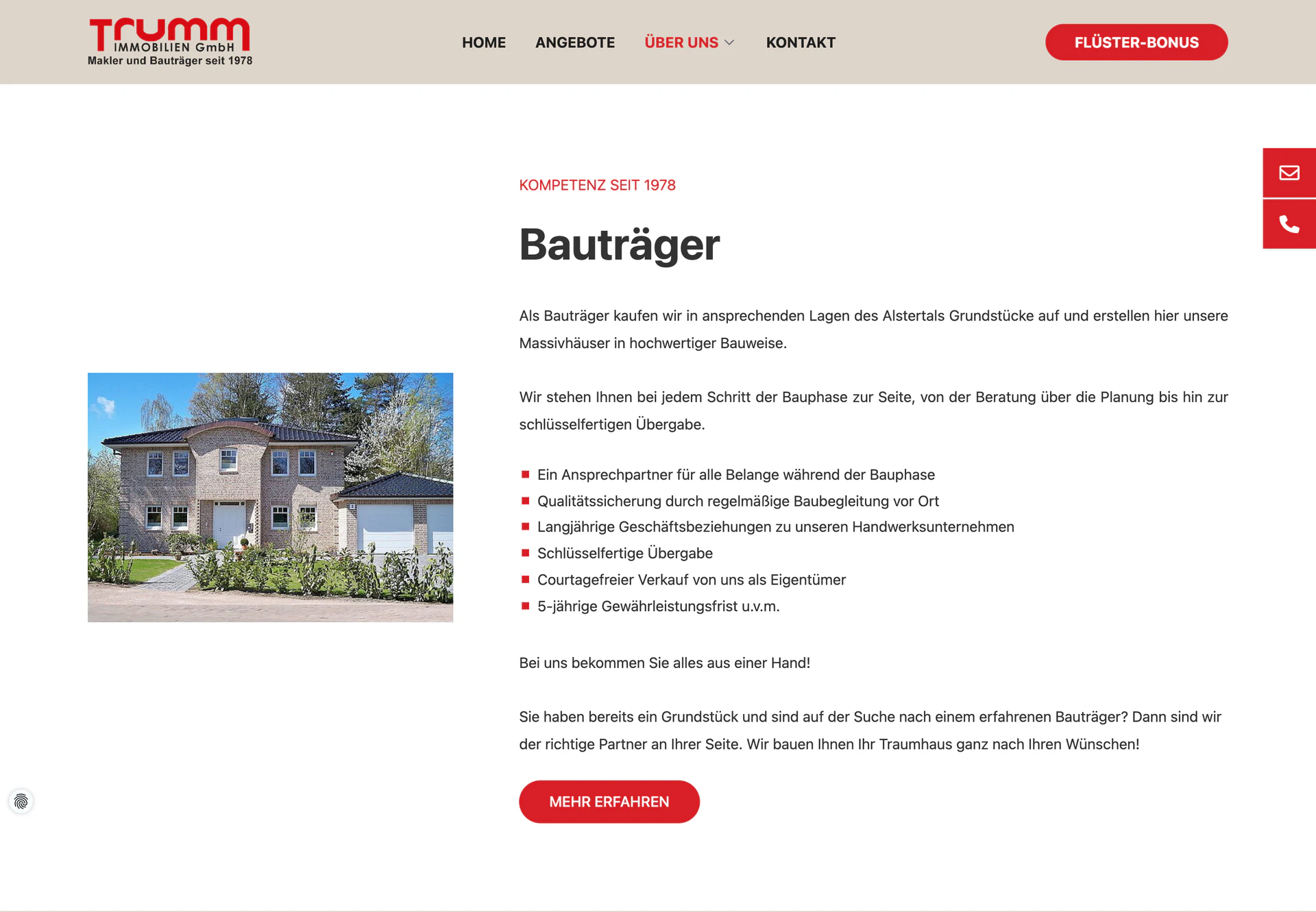 Bauträger-Leistungsseite mit Immobilienfoto, Leistungsübersicht und Kontaktbutton