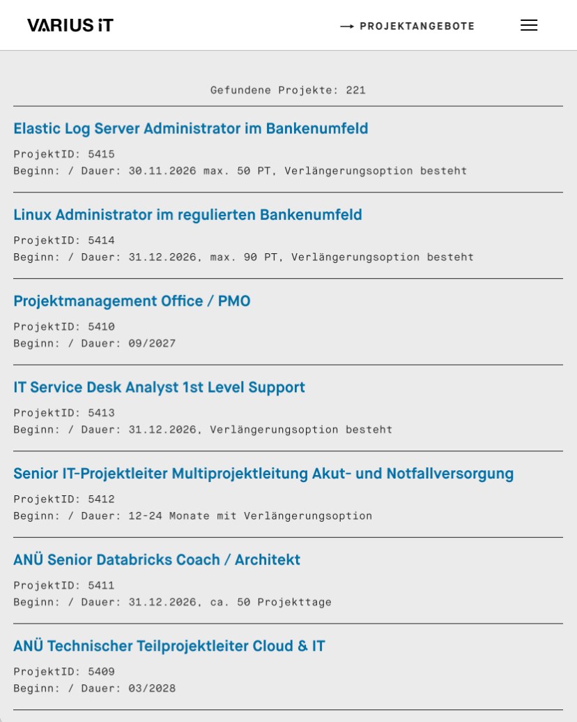 VARIUS IT: Projektbörse in der mobilen Ansicht