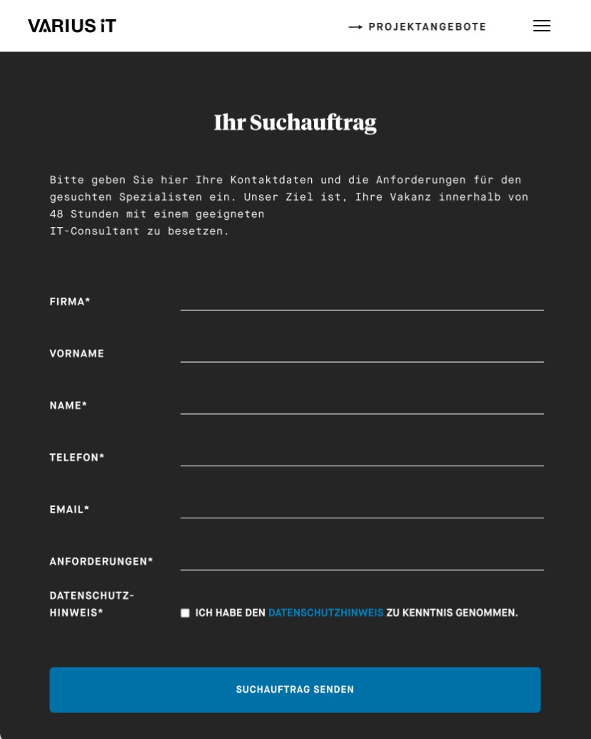 VARIUS IT: Suchauftrag in der mobilen Ansicht